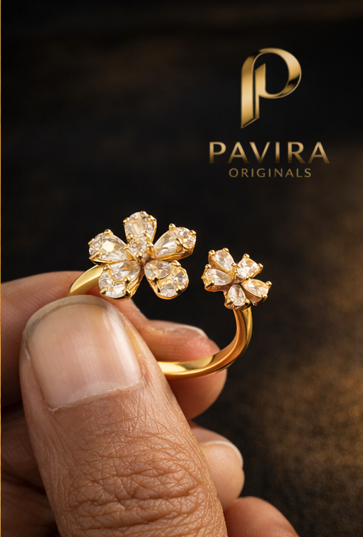 Gold diamond ring on black satin1 Pavira Blossom Dual Flower Ring