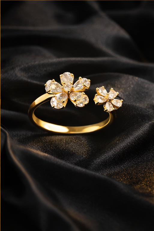 Gold diamond ring on black satin3 Pavira Blossom Dual Flower Ring