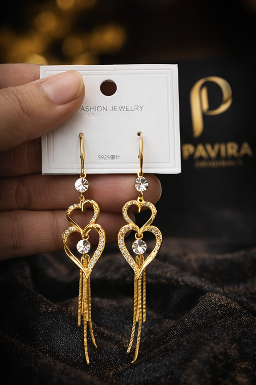 Pavira Originals Gold-Tone Double Heart Crystal Tassel Drop Earrings