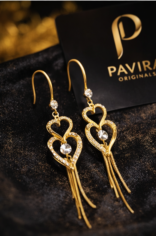 Pavira Originals Gold-Tone Double Heart Crystal Tassel Drop Earrings