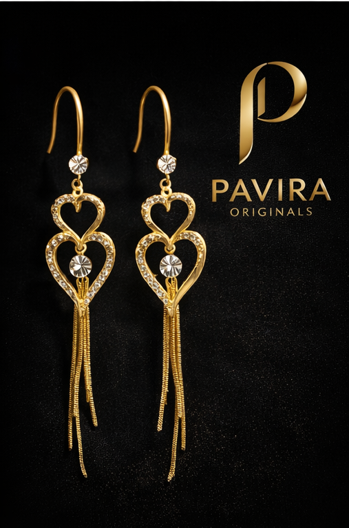 Pavira Originals Gold-Tone Double Heart Crystal Tassel Drop Earrings