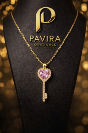 Pavira Originals Pink Crystal Heart Key Pendant Necklace