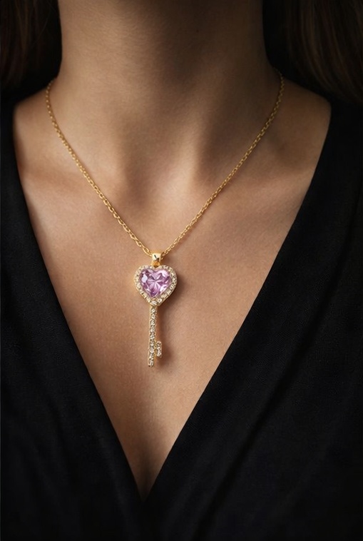 Pavira Originals Pink Crystal Heart Key Pendant Necklace
