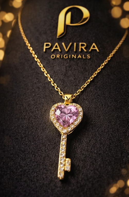Pavira Originals Pink Crystal Heart Key Pendant Necklace
