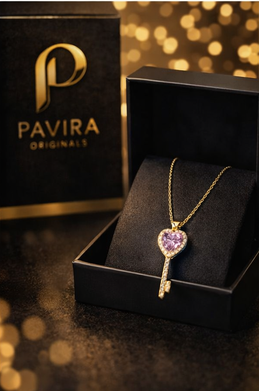 Pavira Originals Pink Crystal Heart Key Pendant Necklace