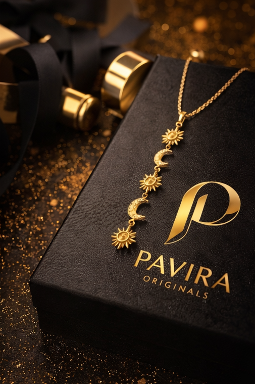 Celestial elegance from Pavira Originals3 Celestial Sun & Moon Gold Pendant Necklace